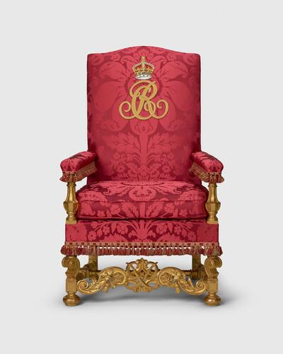 Master: Pair of Chairs of Estate, used by Queen Elizabeth II and Prince Philip, and by King Charles III and Queen Camilla
Item: Chair of Estate used by Prince Philip, Duke of Edinburgh and Queen Camilla Master: Pair of Chairs of Estate, used by Queen Elizabeth II and Prince Philip, and by King Charles III and Queen Camilla
Item: Chair of Estate used by Prince Philip, Duke of Edinburgh and Queen Camilla